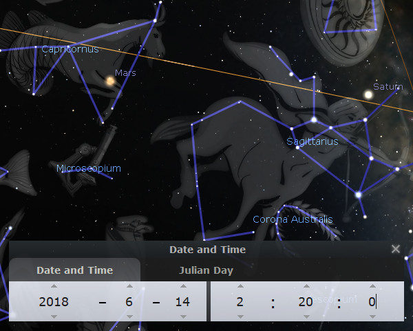 This image displays a celestial map featuring various constellations and celestial bodies including Mars and Saturn, connected by blue lines representing their mythical representations. A user interface overlay shows the date and Julian Day at the bottom.