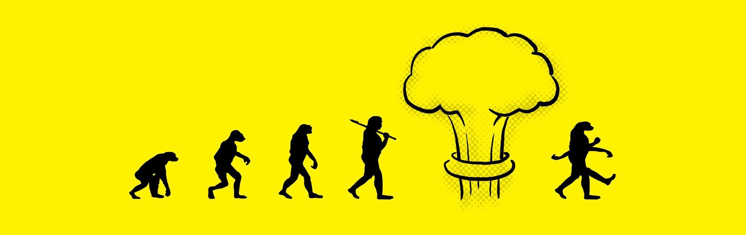 Ilustración de la línea de tiempo evolutiva de los humanos, representada en una serie de siluetas sobre un fondo amarillo brillante, en transición desde una criatura de cuatro patas a un humano erguido, seguido de una figura que se asemeja a una nube explosiva.