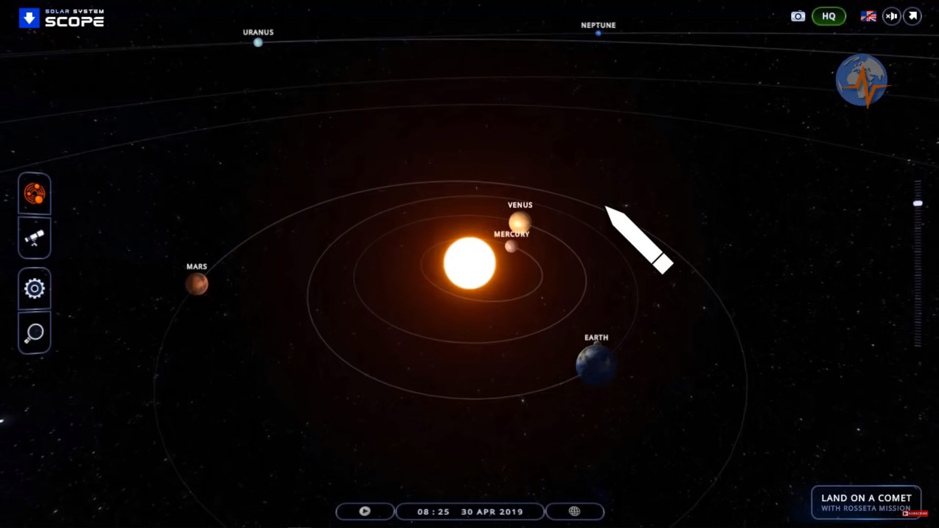 A digital depiction of our Solar System showing the orbits of planets Mercury, Venus, Earth, Mars, Uranus, and Neptune around the Sun, highlighted with annotations and an information sidebar with icons related to celestial navigation tools and missions.