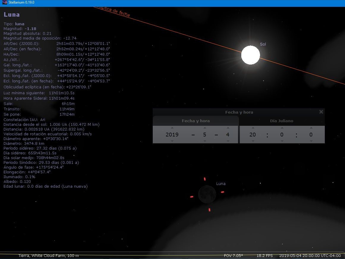 Captura de pantalla de un simulador astronómico que muestra el Sol brillante y la Luna nueva en una alineación, acompañados de información técnica detallada sobre sus características y posición.