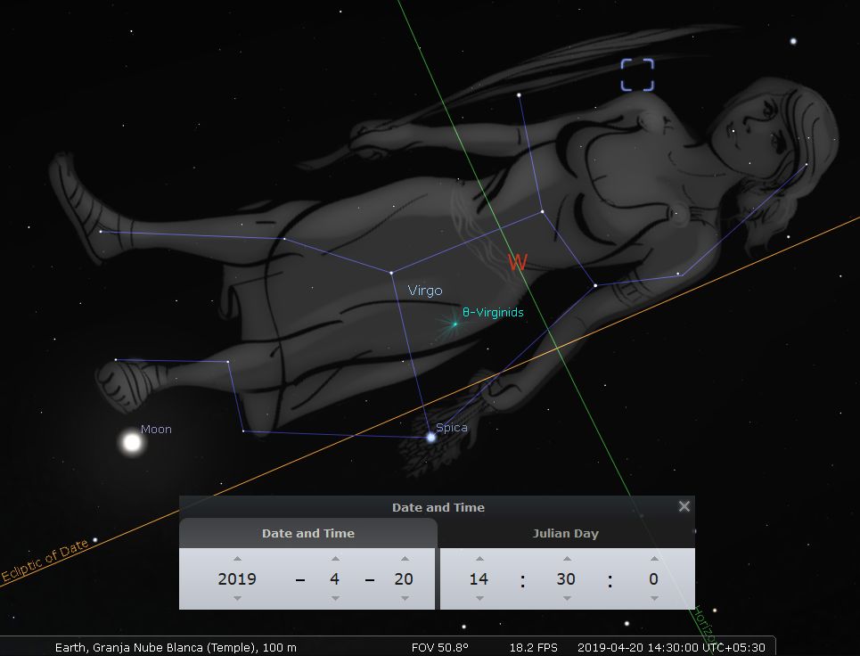 A digital illustration of the night sky featuring a representation of a constellation from the Mazzaroth. This constellation is depicted as a reclining woman outlined against a starry background, with annotations such as prominent star names and celestial coordinates. The image also includes the Moon prominently displayed near the figure's feet, and interface elements showing date, time, and location settings.