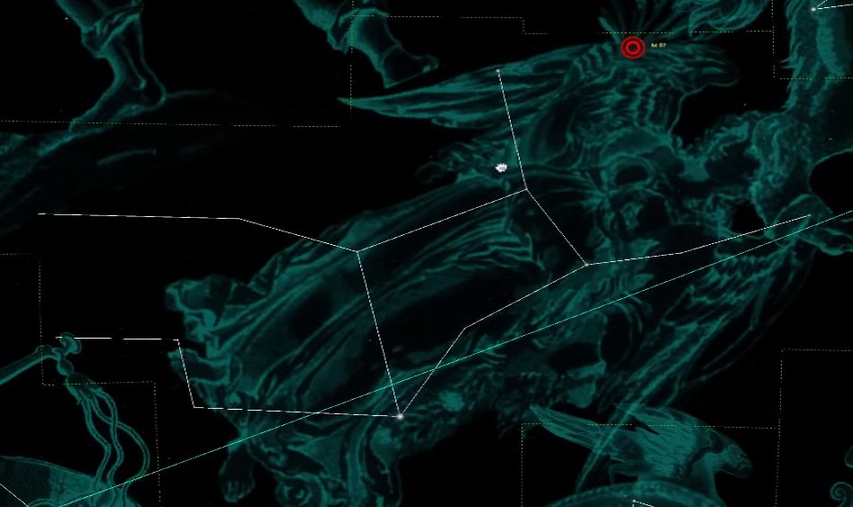 A stylized artistic space rendering of a figure from the Mazzaroth, depicted in dark green against a black background, overlaid with white lines marking constellations. Two notable markers, one marked as "MB," are visible on the figure's body.
