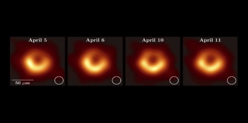 A sequence of four images showing changes in a bright celestial object observed on April 5, 6, 10, and 11. Each image captures the object's glowing circular form with a darker central region, signifying an astronomical phenomenon. Scale markers are visible in the images.