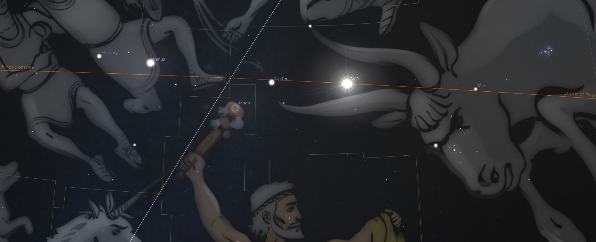 A panoramic night sky illustration showing celestial bodies including the Moon, Sun, and planets such as Mercury, Venus, Jupiter, and Mars aligned along the ecliptic. The sky is adorned with large, artful drawings representing figures from the Mazzaroth. The figures, rendered in white on a dark background, include a man holding a staff and various animals.