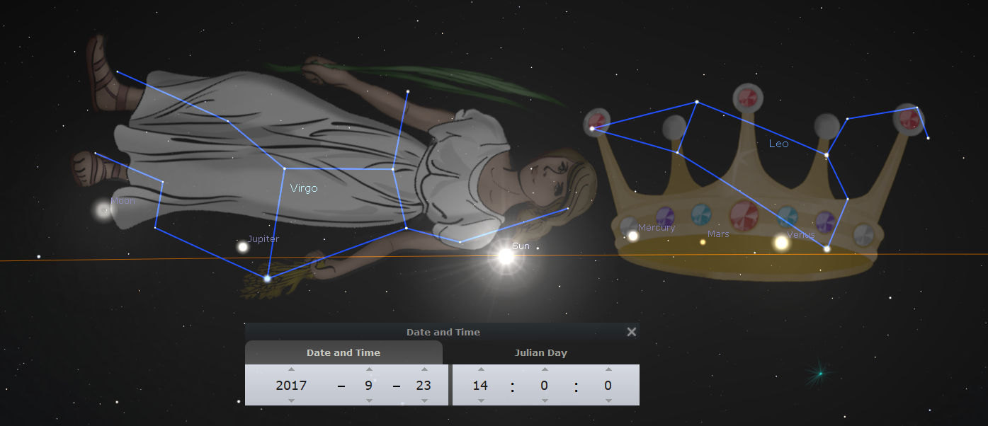 A digital illustration of the night sky displaying various celestial bodies and Mazzaroth constellations connected by blue lines. The left features a reclining figure labeled "Virgo" surrounded by the Moon and Jupiter, and the right shows a crown shape with the label "Leo", accompanied by planets such as Mercury, Mars, and Venus. Below, a date and time control panel indicates September 23, 2017.