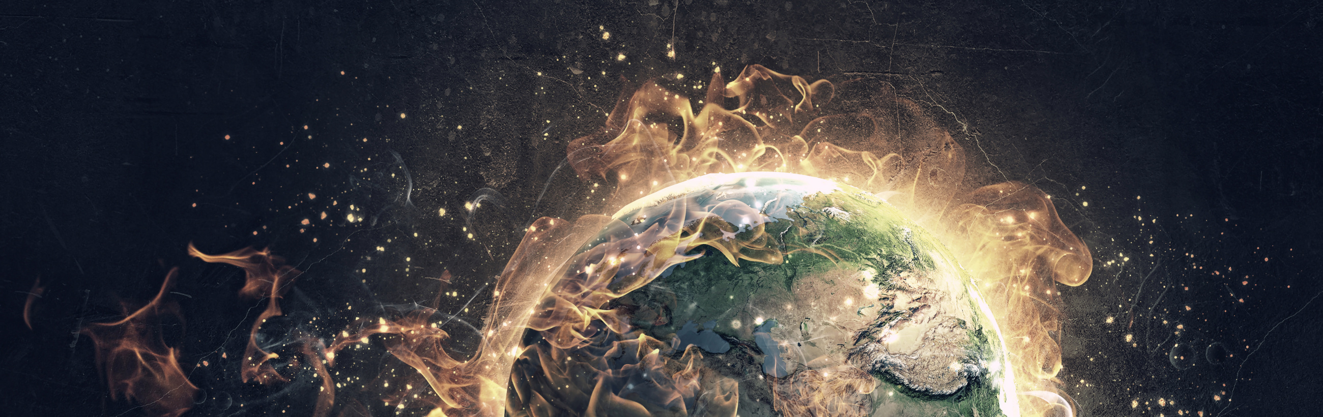 A panoramic representation of Earth brightly illuminated, ensconced in swirling golden flames and ethereal lights against a dark star-studded cosmic backdrop, suggesting a celestial event in the vast universe.