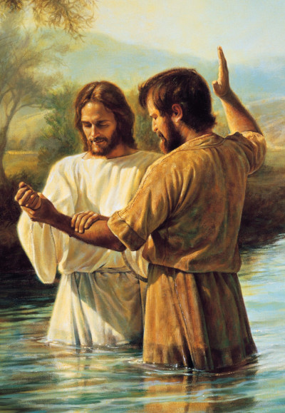A painting depicting two men standing in a shallow river; one man in a white robe is being supported by another in a brown robe, who is raising one hand upwards. The background features gentle river waters and a soft, hazy morning light with trees.