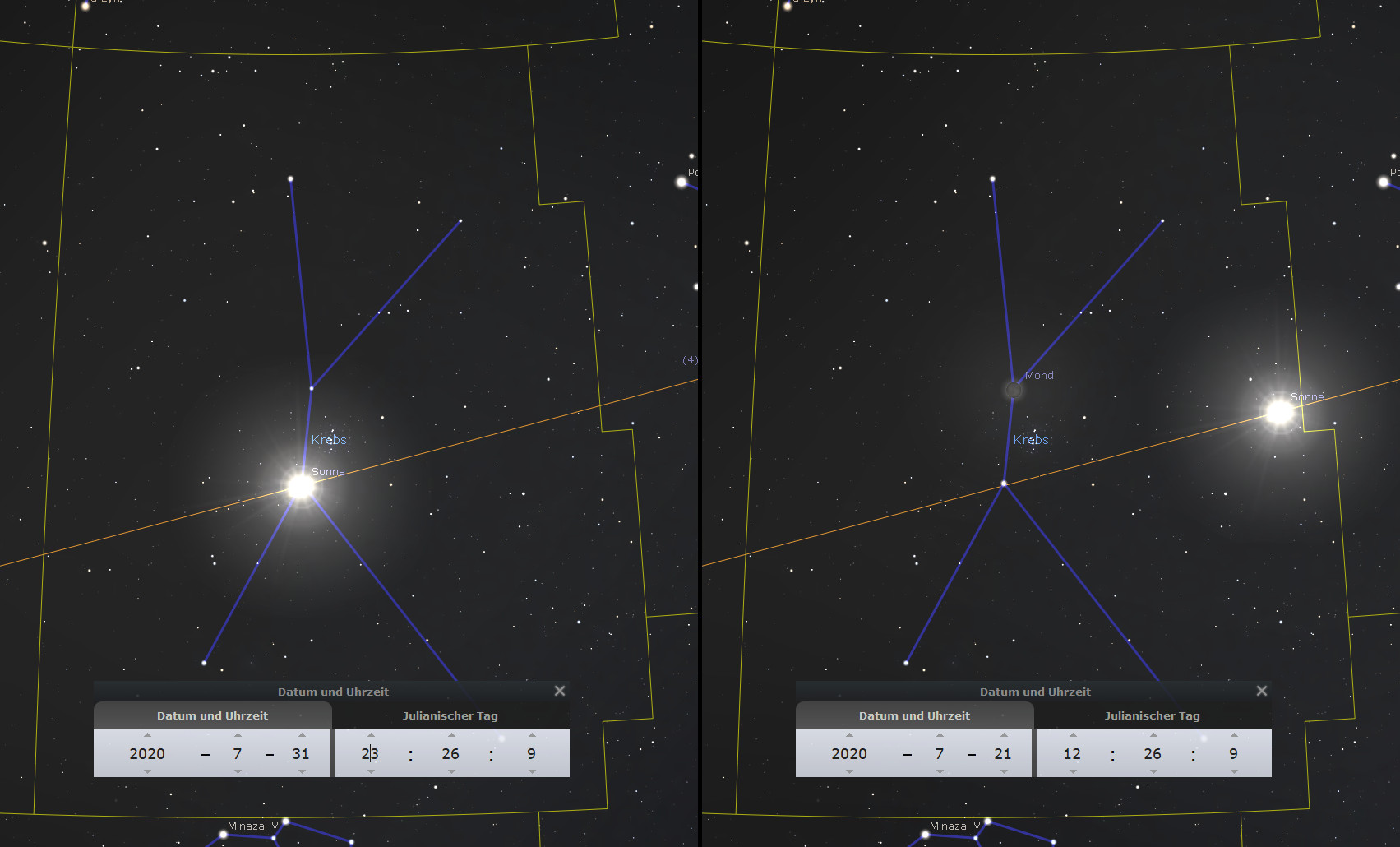 Astronomische Darstellung der Sonne, des Mondes und anderer Sternpunkte, verbunden durch blaue Linien zur Visualisierung der Mazzaroth innerhalb einer spezifischen Konstellationsregion im kosmischen Raum. Das Bild zeigt aufeinanderfolgende Daten und Uhrzeiten.