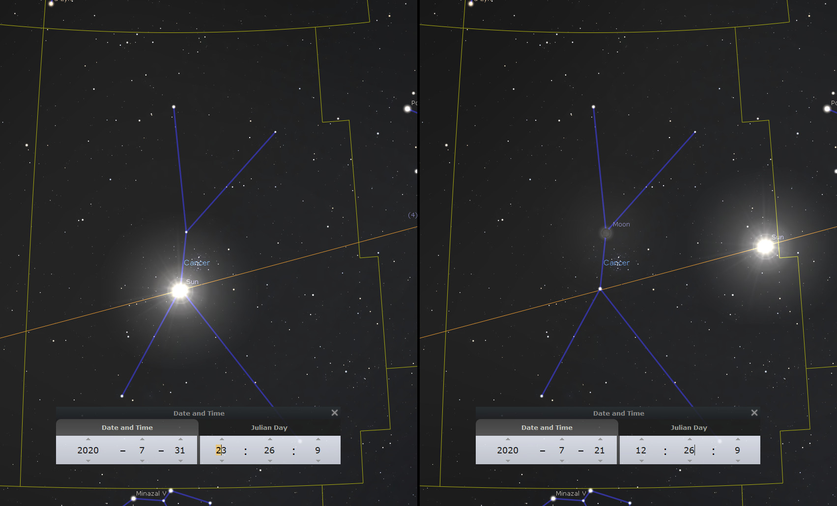 A digital rendering of the night sky depicting the positions of celestial bodies within a constellation referred to in Mazzaroth during two different times. On the left, the image shows a bright representation of the Sun on July 31, 2020, and on the right, it shows the positions of the Moon and the Sun on July 21, 2020. Both sections include overlaid lines illustrating identified patterns and connections between stars with labeled celestial points.