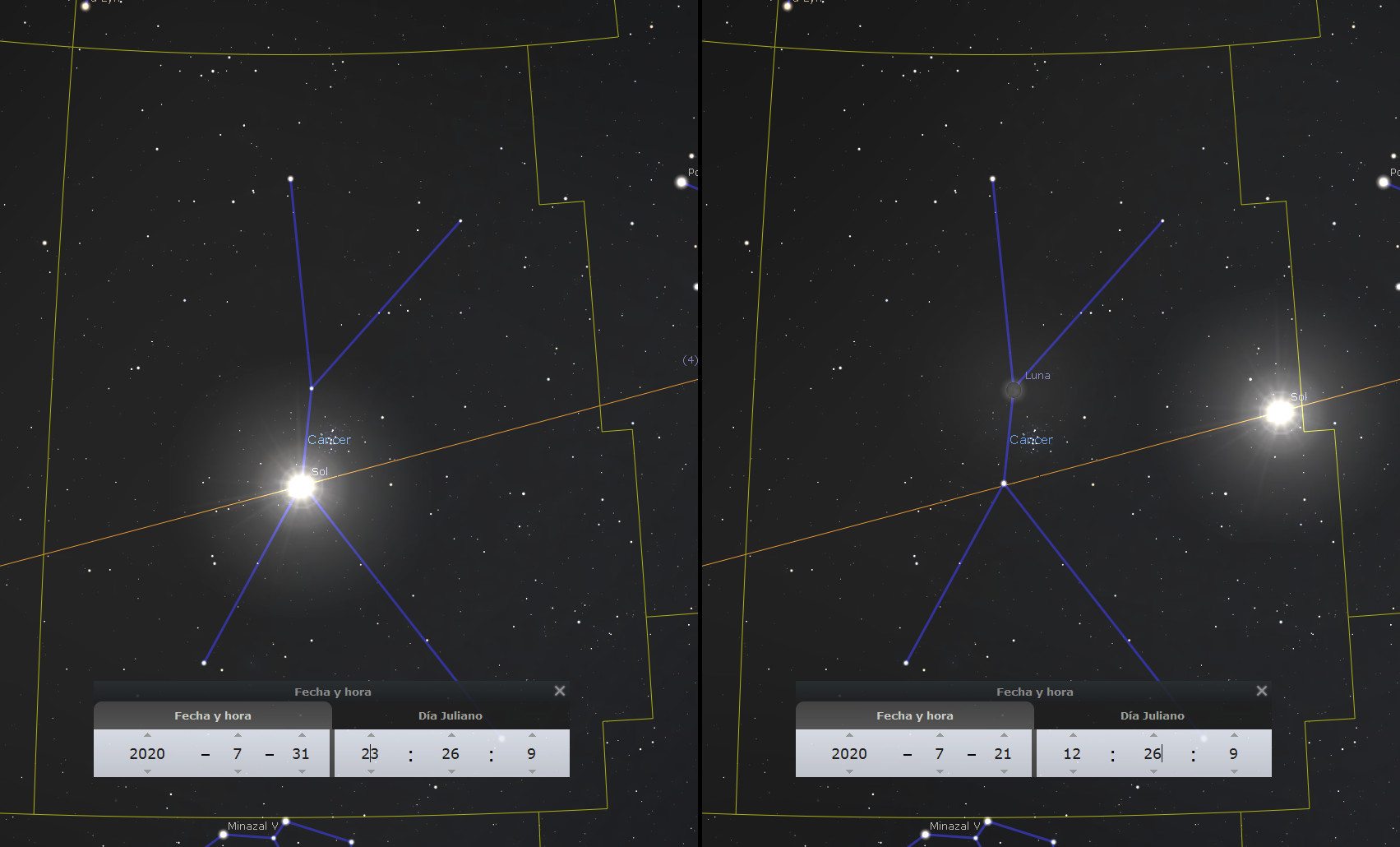 Imagen de un software astronómico mostrando dos vistas del cielo nocturno centrado en la posición del Sol en dos diferentes fechas, con líneas azules que marcan las constelaciones y la coordenadas celestes delineadas en amarillo. El Sol se encuentra en una región del firmamento etiquetado con el nombre de la constelación bíblica de Mazzaroth.