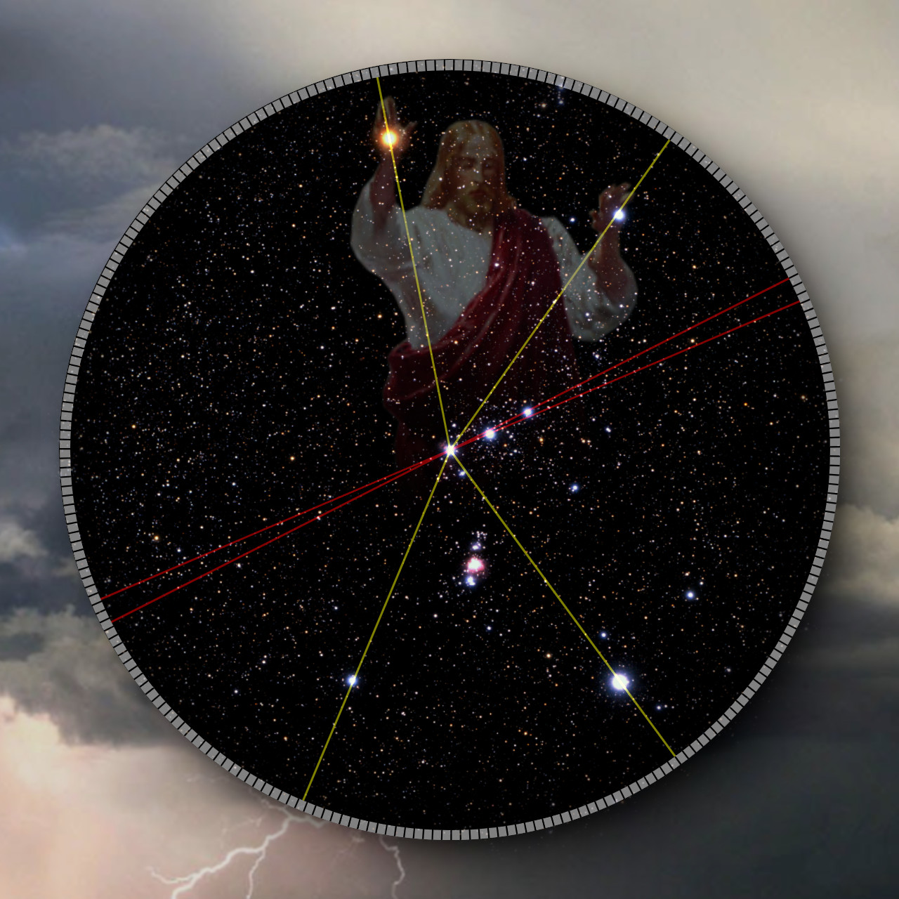 A circular image depicting a starry sky overlaid with a transparent image of a bearded figure in a white robe. Colored lines intersect through the stars, suggesting celestial coordinates. The perimeter of the circle is marked with a grid, and dark clouds are visible in the background along with faint hints of lightning.