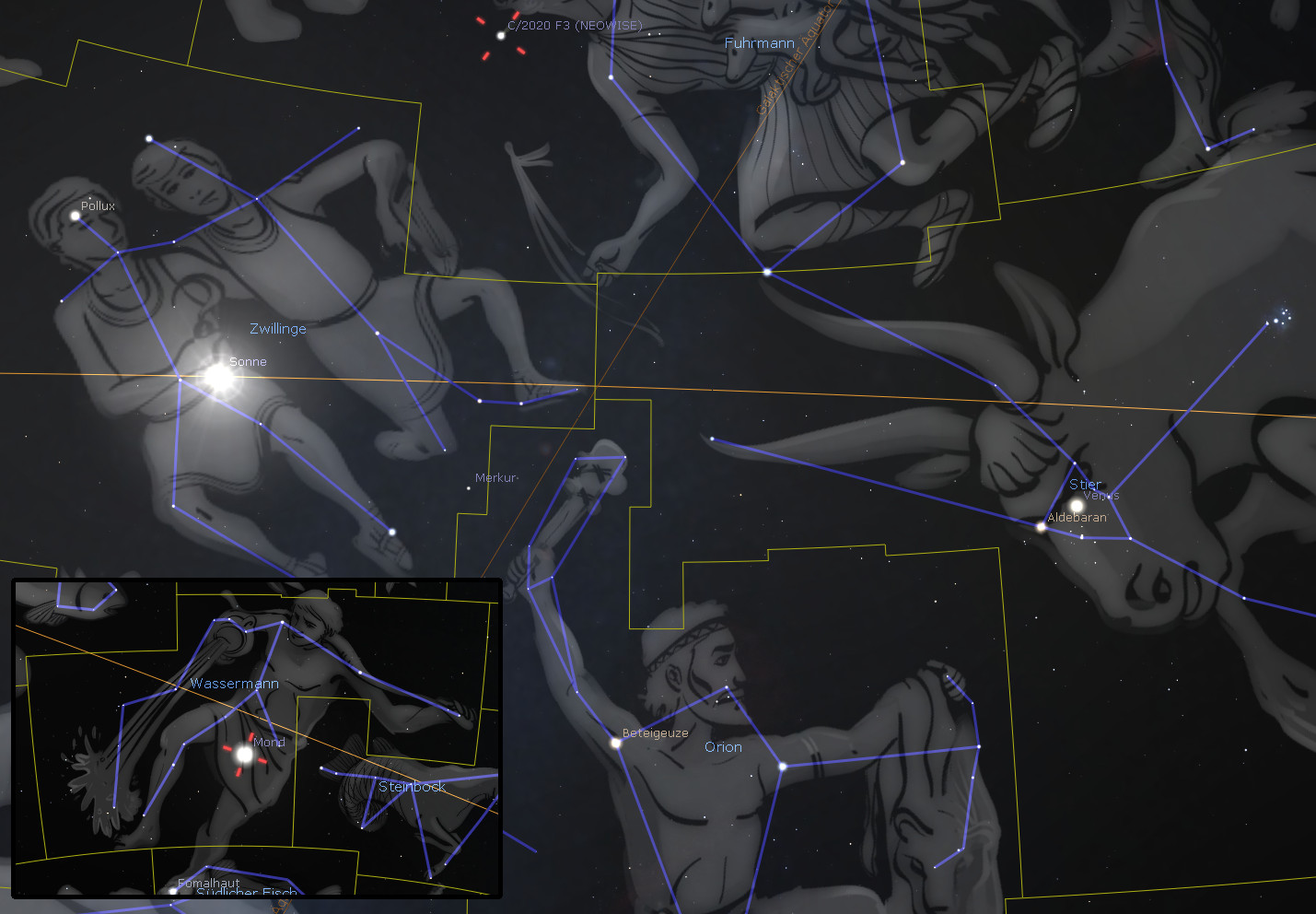 Eine schematische Darstellung verschiedener Sternbilder in einer dunklen Weltraumnacht, darunter der Orion und die Zwillinge. Die Sternbilder sind durch blaue Linien miteinander verbunden, und einzelne Sterne sowie Planeten wie Merkur und erkennbare astrale Objekte wie der Komet C/2020 F3 (NEOWISE) sind markiert.