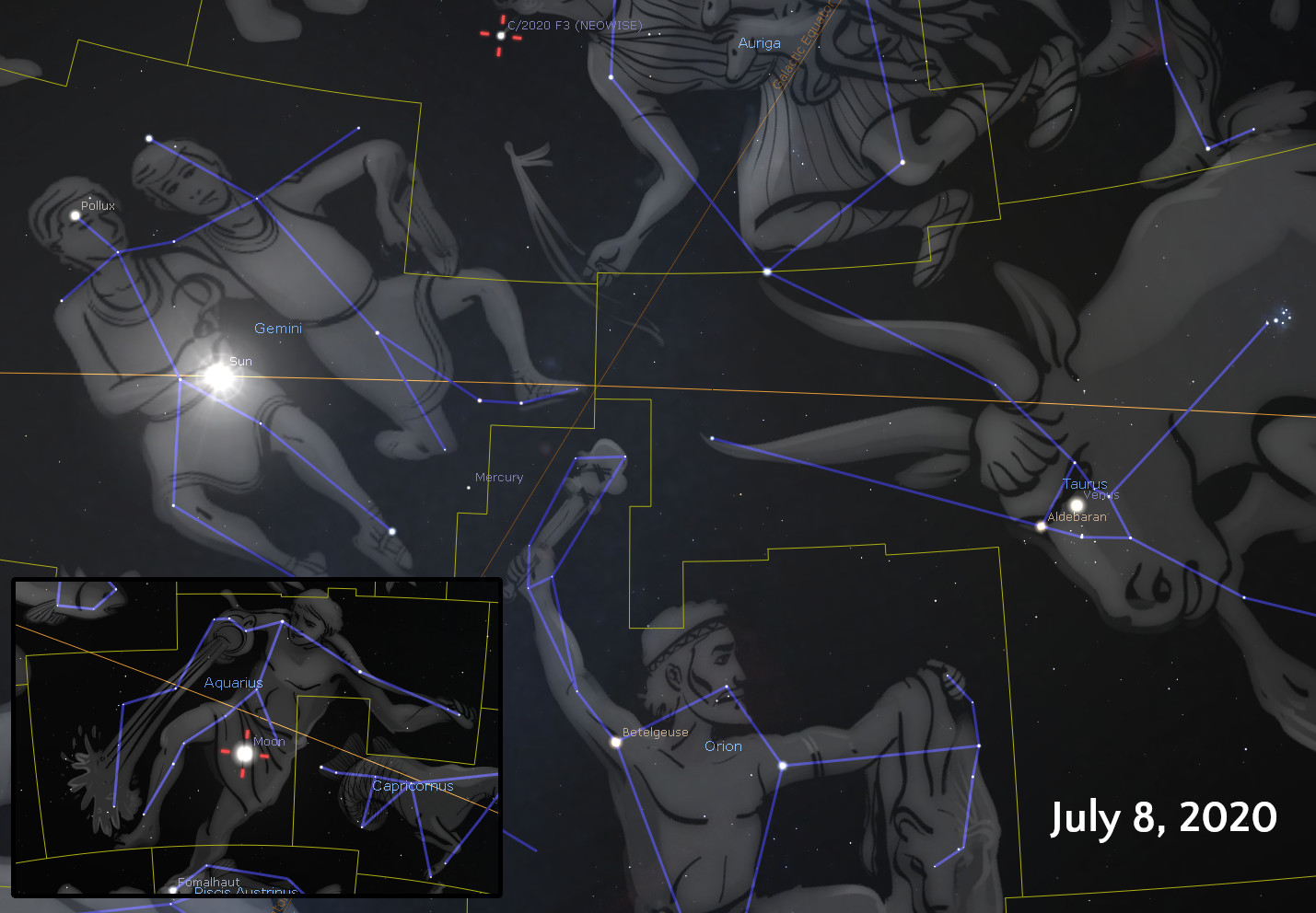 A detailed illustration of the night sky from July 8, 2020, featuring several constellations and celestial bodies, labeled artistically with names from Mazzaroth. Notable celestial markers such as the Sun and planets like Mercury are positioned for navigational reference among figurative depictions of the Mazzaroth characters such as Gemini and Orion. Bright stars like Aldebaran and Betelgeuse are also highlighted.