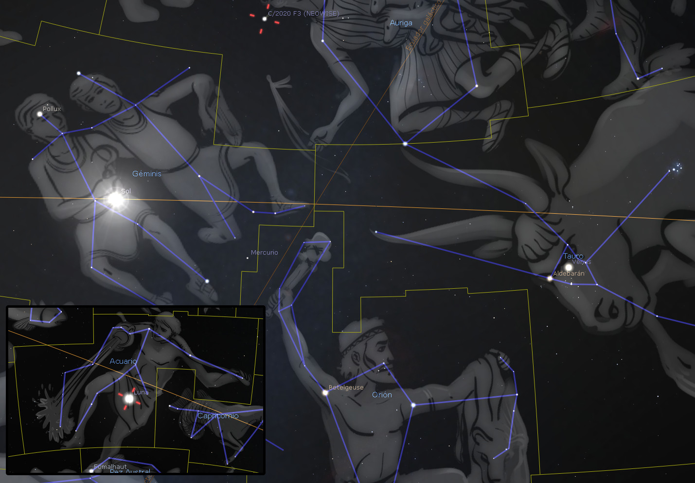 Ilustración digital nocturna que muestra varias constelaciones con figuras humanas y nombres de estrellas y planetas, como Sol y Mercurio, etiquetados en español. Las líneas azules conectan estrellas para formar figuras como Géminis, Tauro y Orión entre otros.
