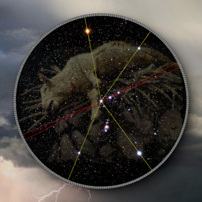 An artistic depiction of a celestial creature resembling a large cat among stars, set within a circular frame against a stormy sky. The creature overlays a constellation map with geometric lines in various colors.