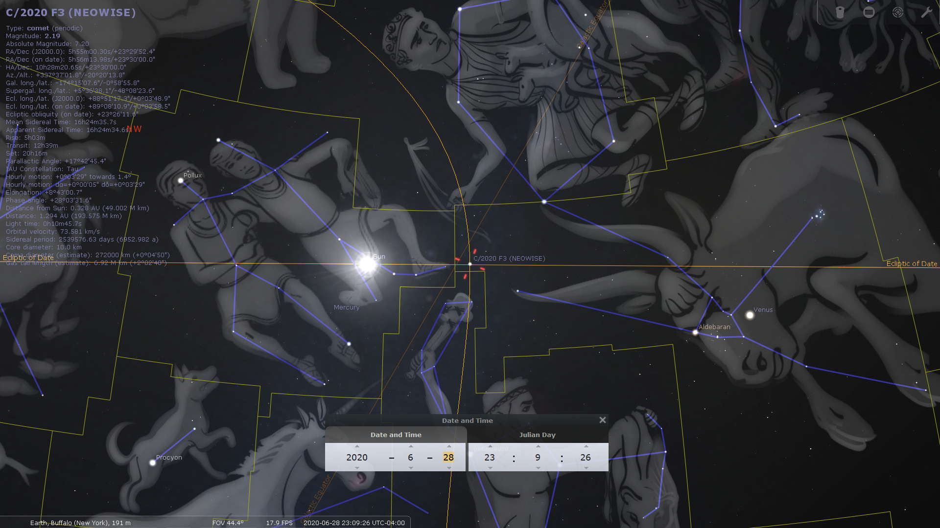 An astronomical visualization displaying several celestial constellations along with notable space bodies such as a comet labeled C/2020 F3 (NEOWISE), the Sun, Mercury, and Venus connected by blue lines and overlaid on a star map. The constellations are depicted as traditional anthropomorphic illustrations in white against a dark starry background. Details include planetary positions and specific galactic coordinates.