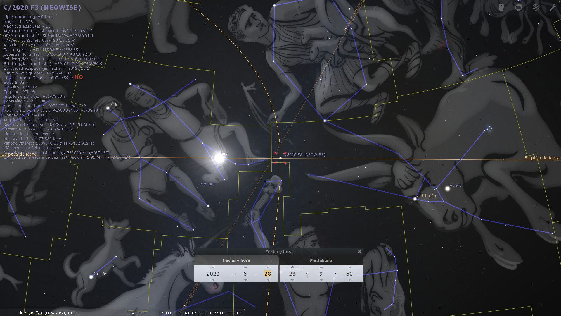 Imagen digital que representa un mapa cielo nocturno interactivo con ilustraciones detalladas de figuras conectadas por líneas que representan agrupaciones de estrellas, conocidas bíblicamente como Mazzaroth. Se destacan varias constelaciones y astros visibles como Mercurio, el Sol, y Venus. Datos científicos sobre un cometa, incluyendo su posición en coordenadas celestes, son mostrados en paneles informativos.