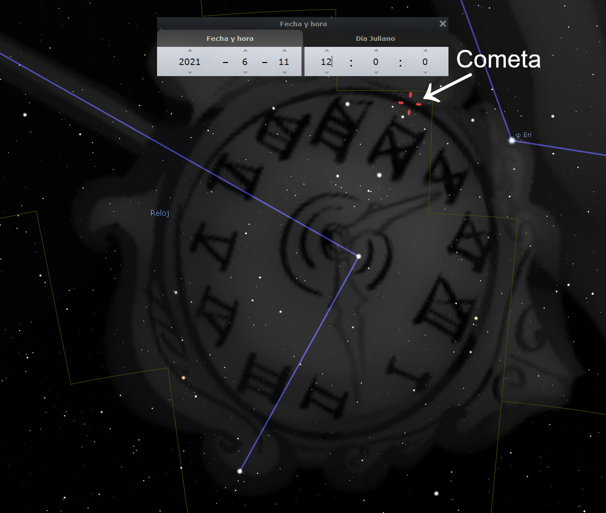 Visualización astronómica que muestra un reloj celestial oscuro con símbolos del Mazzaroth y un cometa señalado por una flecha blanca. En el fondo estelar, varias constelaciones son visibles junto a interfaces con fecha y hora ajustada al 11 de junio de 2021.