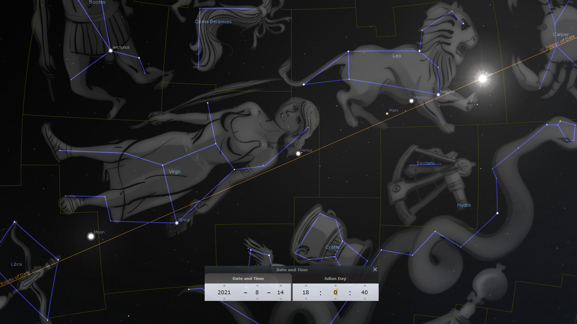 A detailed digital star map depicting various celestial constellations interconnected by blue lines. Notable celestial bodies such as Venus, Mercury, Mars, the Moon, and the Sun are indicated with their names. Each constellation is illustrated with figures representing different narratives against a dark star-studded sky. The map also features labels like Virgo, Leo, and others representing the Mazzaroth in a biblical context, and additional astronomical instruments like Sextans. A timestamp in the lower left shows the date and time of the celestial positioning.