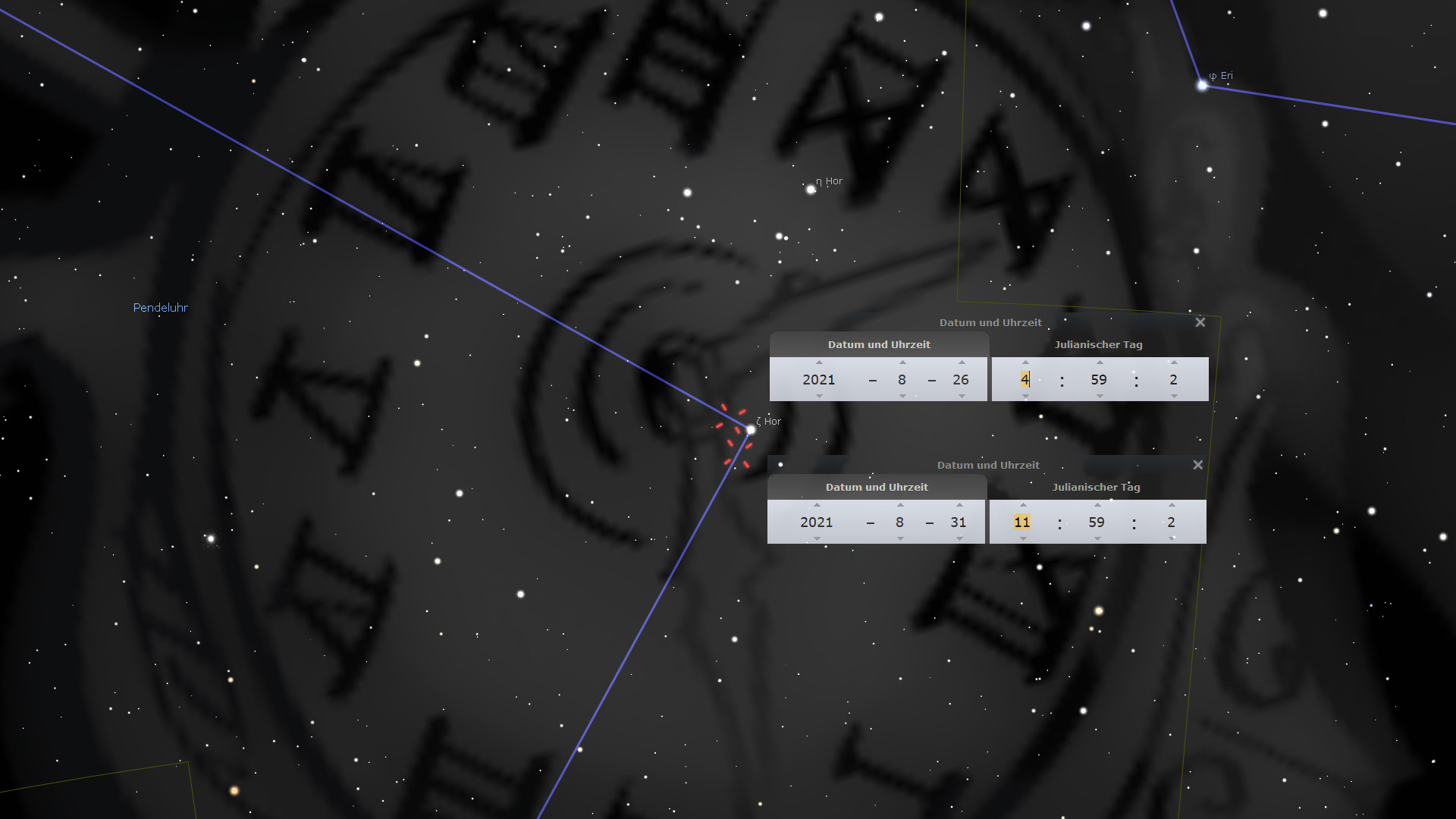 Ein astronomisches Bild mit einem Sternenhintergrund und symbolischen Darstellungen aus der Mazzaroth. Überlagert durch eine blaue Linie, die die Umlaufbahn von Sternen zeigt, sowie Pop-up-Fenster, die Datum und Uhrzeit anzeigen.