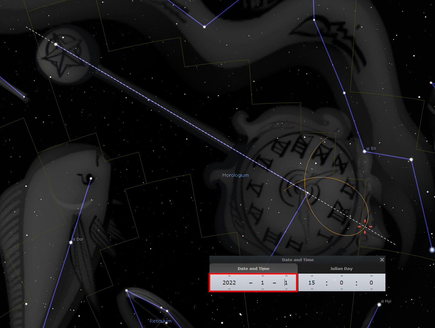 A detailed astronomical simulation displaying various constellations with overlaid blue lines and labels in a dark star-filled sky. A striking representation of the Mazzaroth includes a depiction of an ornate clock face. A highlighted section shows the displayed date and time settings at the bottom indicating January 1, 2022.