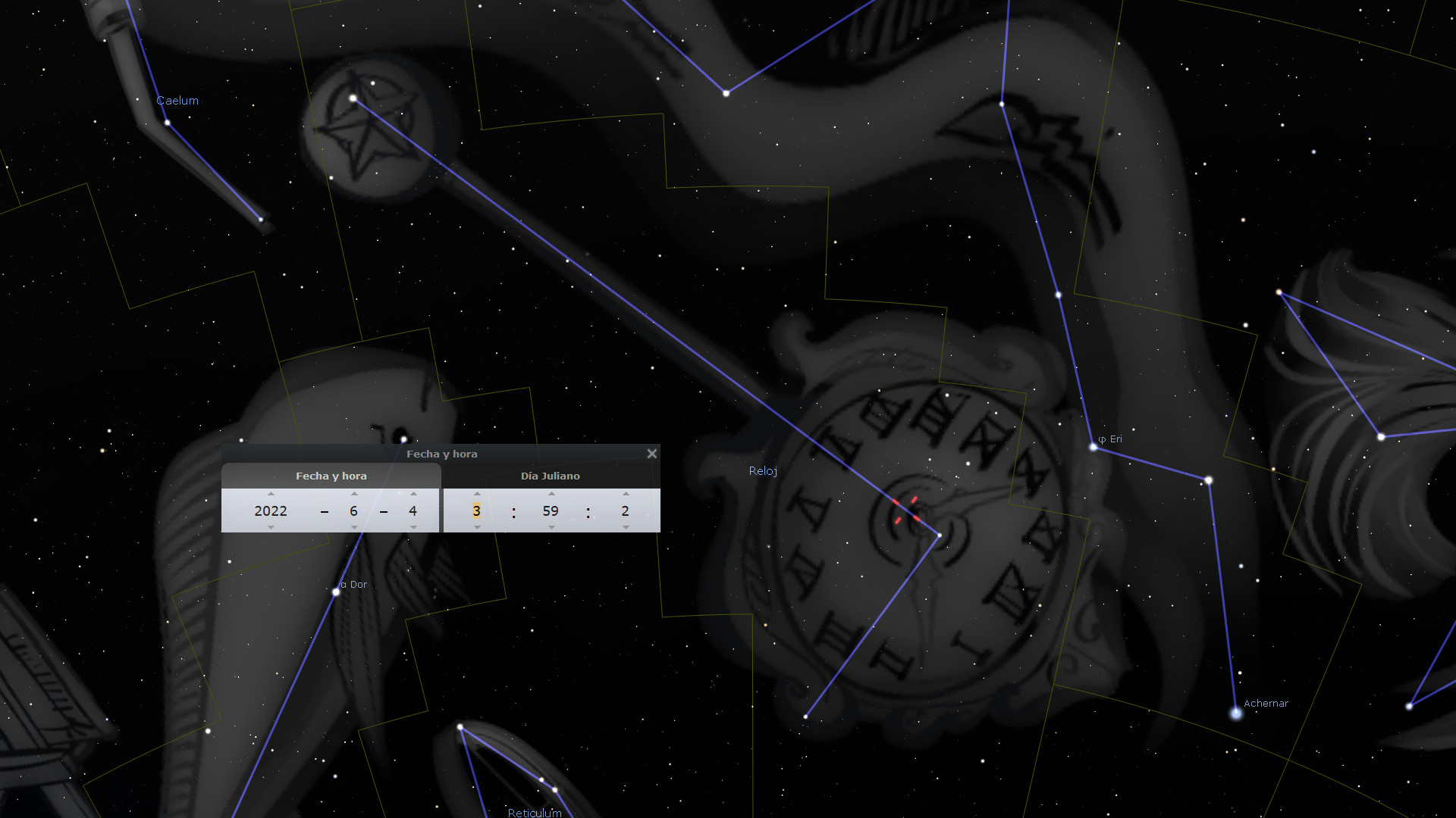 Imagen de una representación digital del espacio mostrando constelaciones con líneas de unión entre estrellas, superpuesta por una interfaz de ordenador que muestra la fecha y hora. También se visualiza una representación de un círculo con símbolos en un estilo de reloj astrológico, evitando toda referencia a los términos astrológicos comunes y sustituyéndolos por un lenguaje más científico y bíblico.