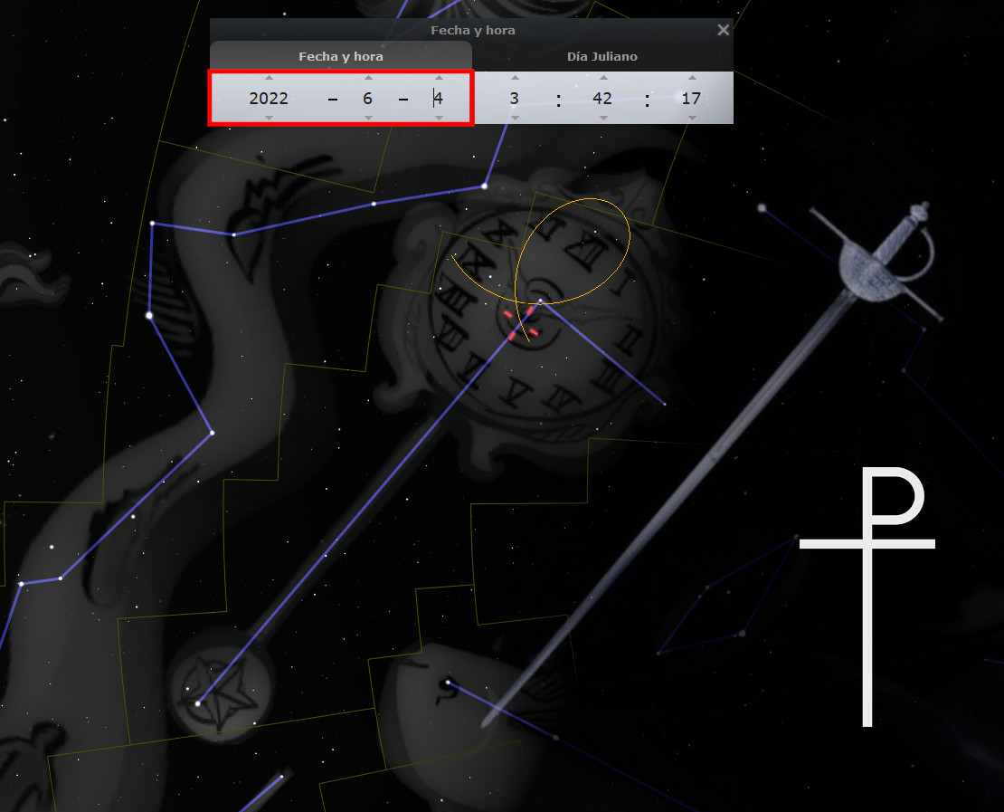 Imagen astronómica computarizada que muestra una representación del Mazzaroth con figuras y símbolos en un fondo estrellado. Elementos interactivos indican la fecha y el día juliano. La constelación incluye un diagrama con líneas azules que conectan estrellas formando figuras, una de ellas sosteniendo una balanza.