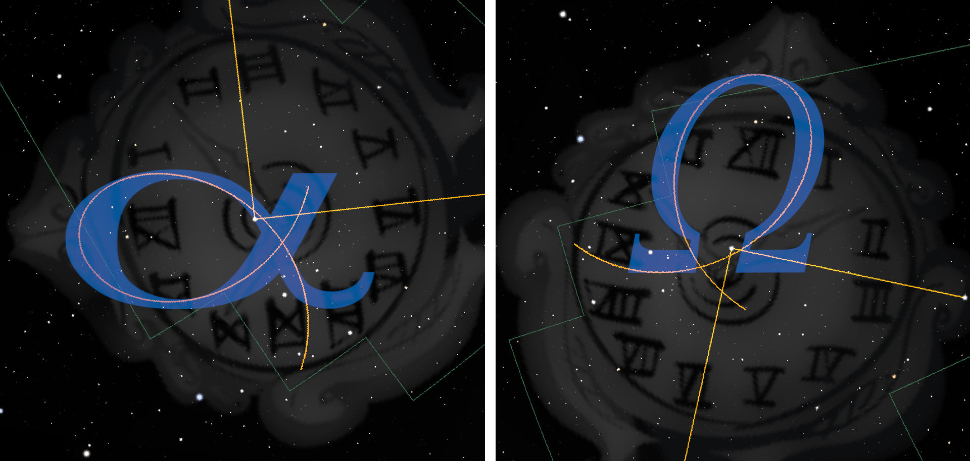 A digital composition overlaying a symbol resembling an alpha in bright blue on an astronomical chart. The chart includes numbered positions similar to clock marking. Background mimics a starry night sky with intersecting geometric lines in various colors representing celestial coordinates.
