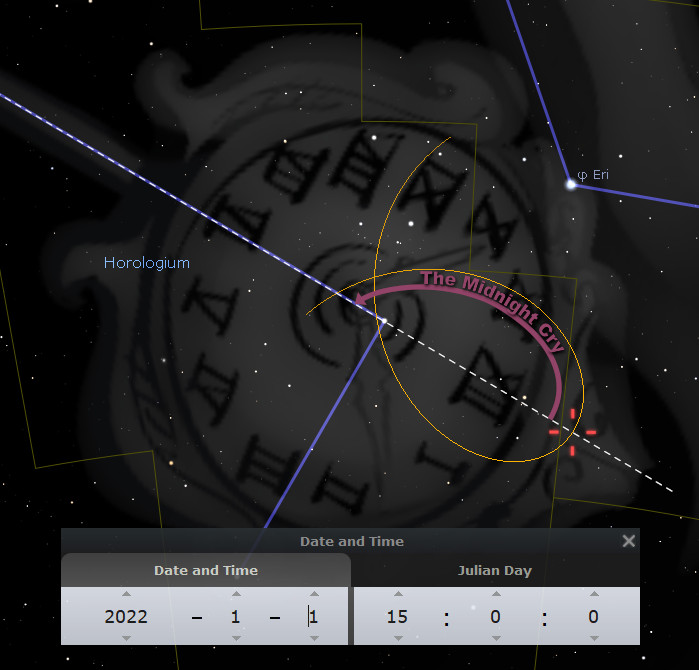 Astronomical software interface showing a detailed celestial map with constellations and coordinates overlay. It features an intricate depiction, simulating celestial movements and the position of stars at a specific time, with the apparent path of the sun labelled as "The Midnight Sun."