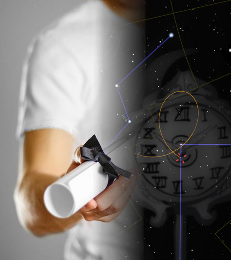 A person in a white shirt holds out a rolled document tied with a black ribbon, overlaid with a graphical representation of celestial constellations and time symbols in a cosmic setting.