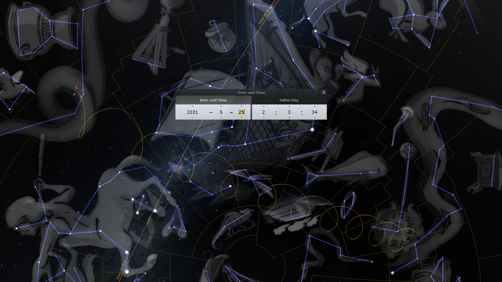 A celestial digital illustration depicting various figures connected by bright blue lines set against a dark space backdrop. The figures include symbolic representations such as a bull, twins, a crab, and others, reminiscent of the Mazzaroth. Overlaying this scene is a semi-transparent digital interface showing a future date and time, suggesting observations or alignments.