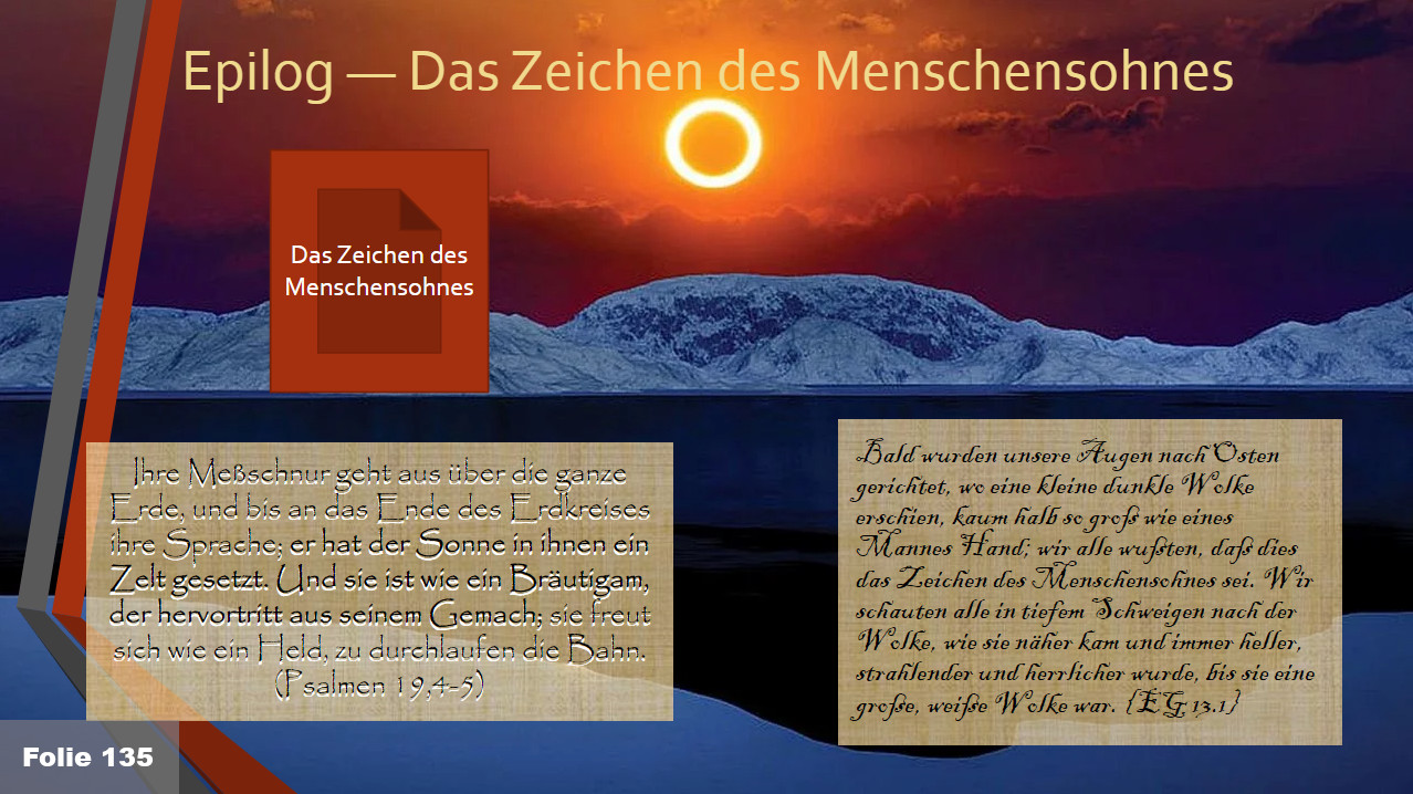 Präsentationsslide mit einem Bild eines Sonnenrings über einer schneebedeckten Berglandschaft zur Dämmerung. Der Text erwähnt ein biblisches Zitat über den Verlauf der Sonne und den Anblick im Osten, der ein besonderes Zeichen darstellt.
