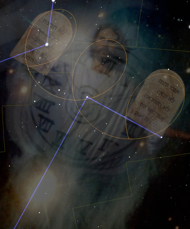 A cosmic image featuring a celestial backdrop with a series of celestial charts overlaying a stately figure. These charts contain symbols in ancient script, juxtaposed with luminous stars and geometric lines connecting key points in space.