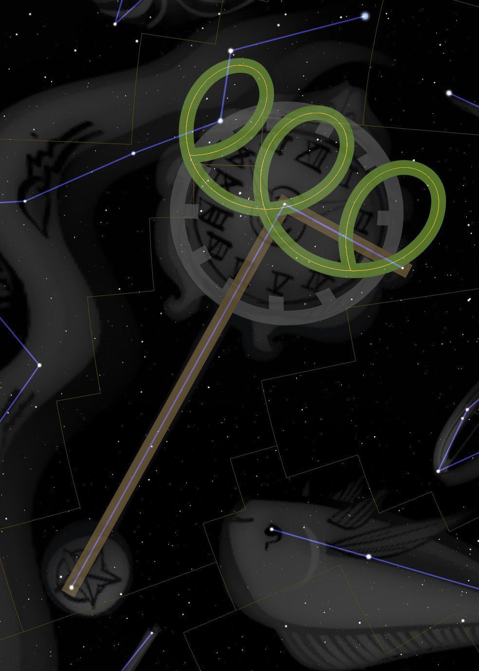 A digital illustration depicting a large symbolic key with three interconnected circles on a starry background overlaid with abstract geometrical shapes and what appear to be celestial constellations from the Mazzaroth.