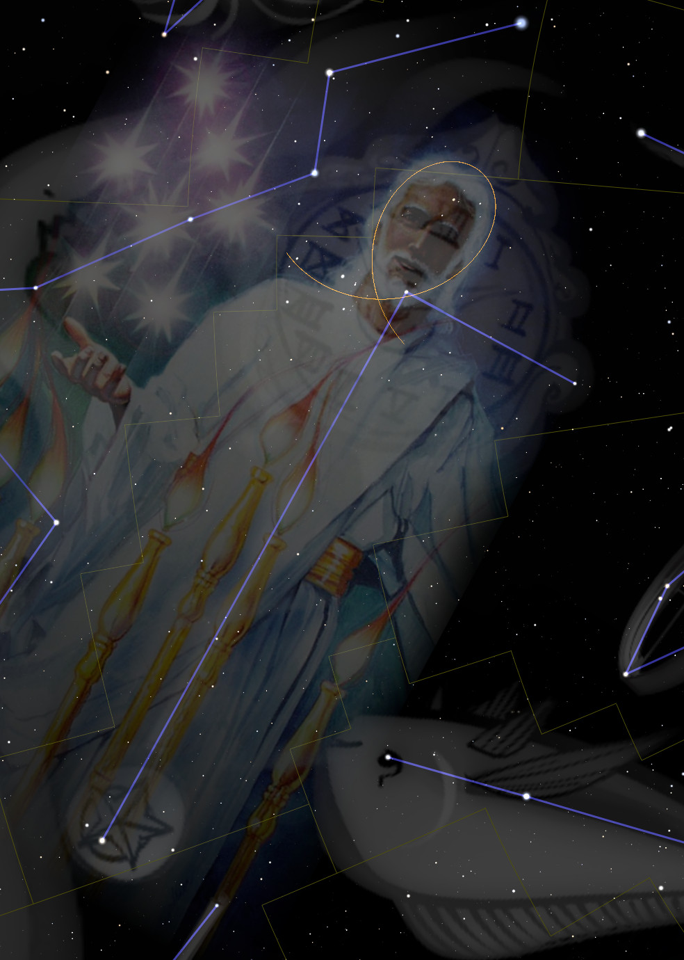 A mystical representation of a person depicted within a celestial map, overlaid with constellations and cosmic elements. The figure, clad in traditional attire with a halo, appears contemplative. Surrounding geometric lines and stars give an impression of an exploration of the heavens and the Mazzaroth.