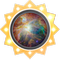 A vibrant representation of a celestial object framed in a circular window with a golden star-studded rim, possibly depicting an element of the Mazzaroth.