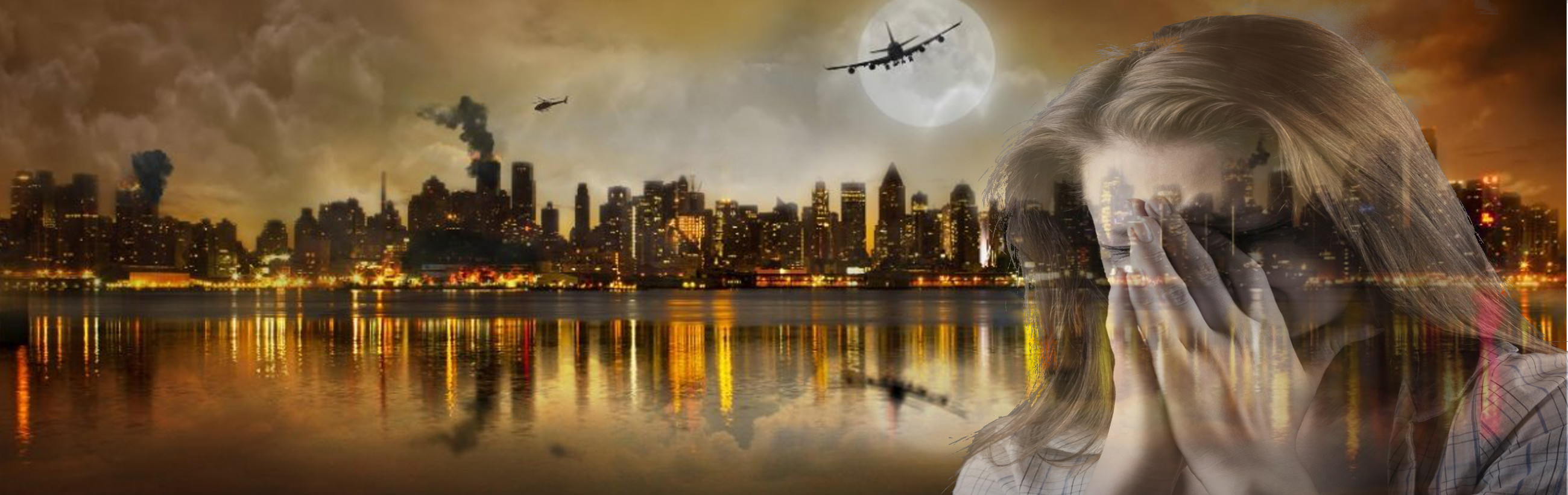 A composite image overlaying a cityscape at sunset reflected in water with visible high-rises and twinkling lights. The sky shows a helicopter and a large airliner flying near a luminous full moon. A translucent image of a woman covering her face with her hands is superimposed on the right, her hair flowing with the cityscape merging into her silhouette.