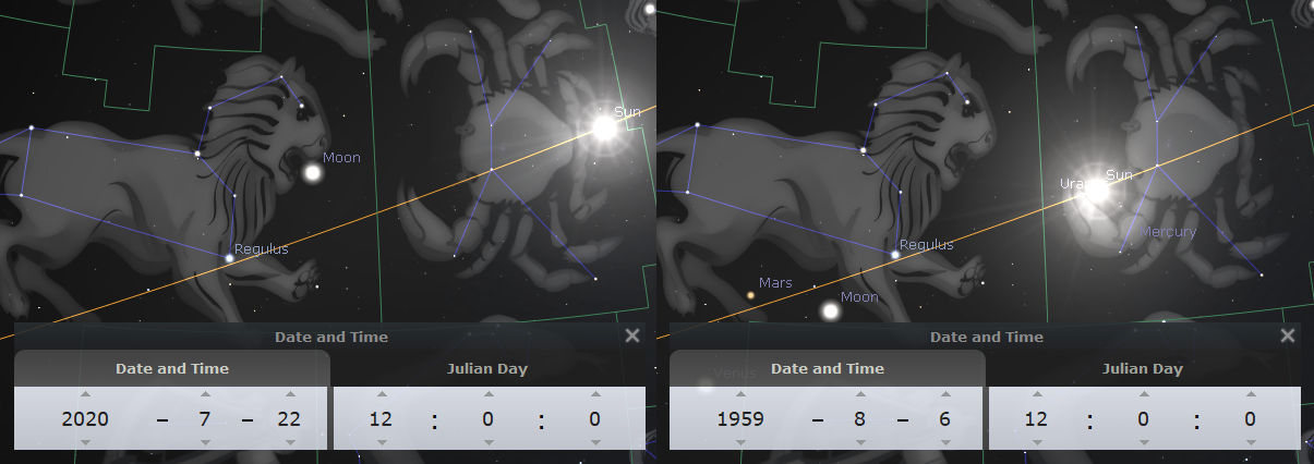 A digital astronomical software display showing two different views of celestial configurations in a starry sky. On the left, dated July 22, 2020, features the Moon and the bright star Regulus near the representation of a lion-like constellation in the Mazzaroth. On the right, dated August 6, 1959, similar celestial bodies including the Moon, Mars, and Mercury are depicted with the addition of Venus and Uranus. Both images are overlaid with lines depicting constellation shapes and trajectory paths of the celestial bodies.