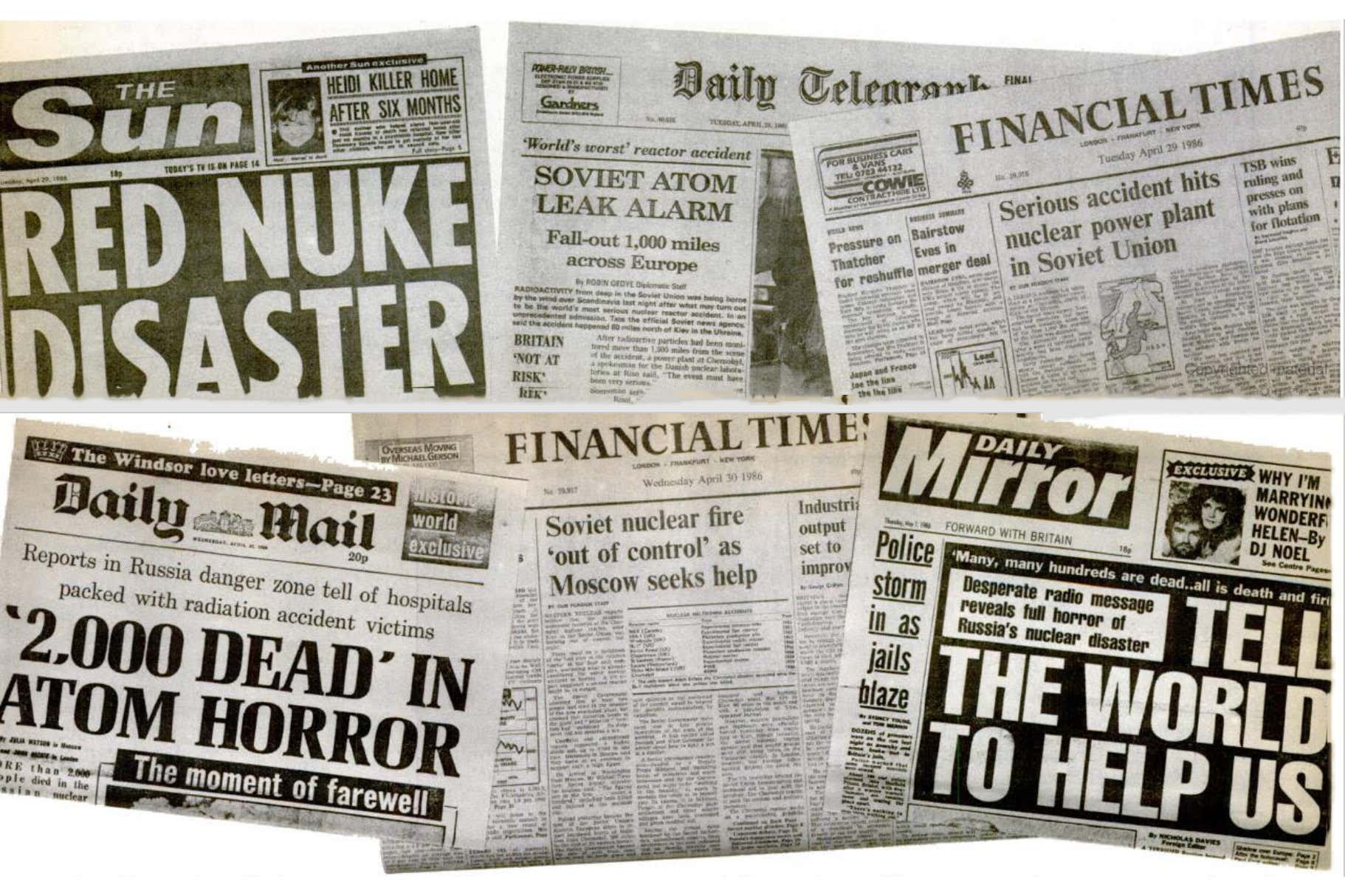 A collection of seven British newspaper headlines from different publications, displayed in black and white, reporting on a nuclear disaster. The headlines feature urgent and alarming language about the severity and impact of the incident, with references to widespread fallout and a significant number of casualties.