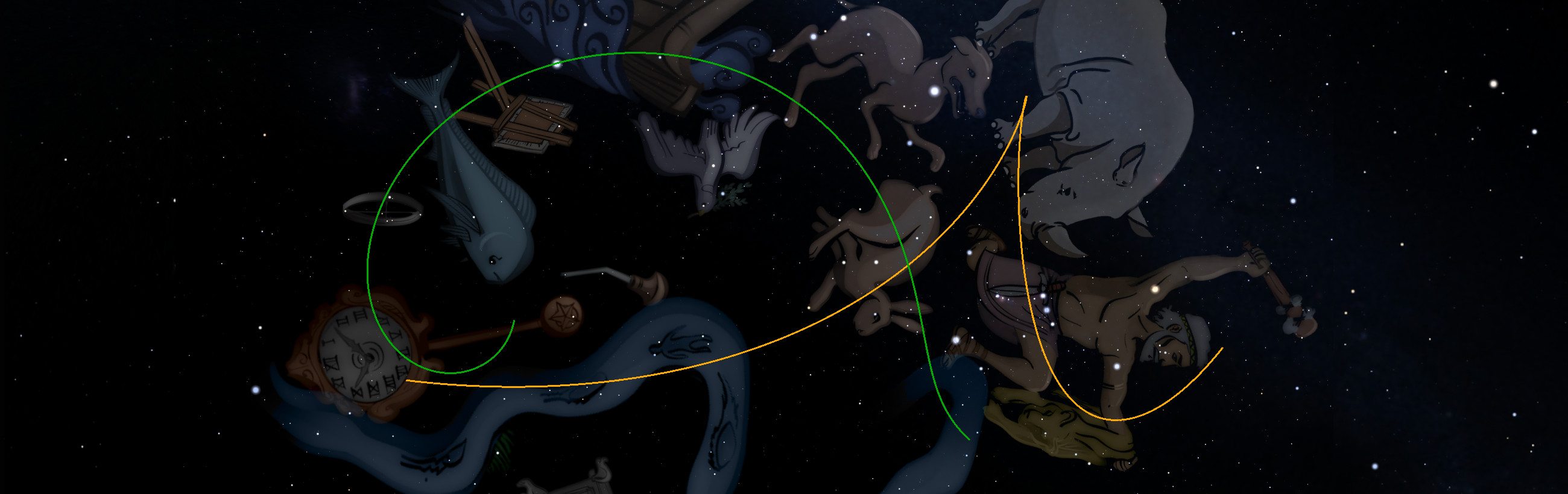 Illustration of various celestial constellations depicted as fantastical creatures against a backdrop of a star-filled night sky. Notable are figures resembling a fish, bull, ram, and lion drawn in an animated style, with lines connecting stars to outline their forms, symbolizing elements of the Mazzaroth.