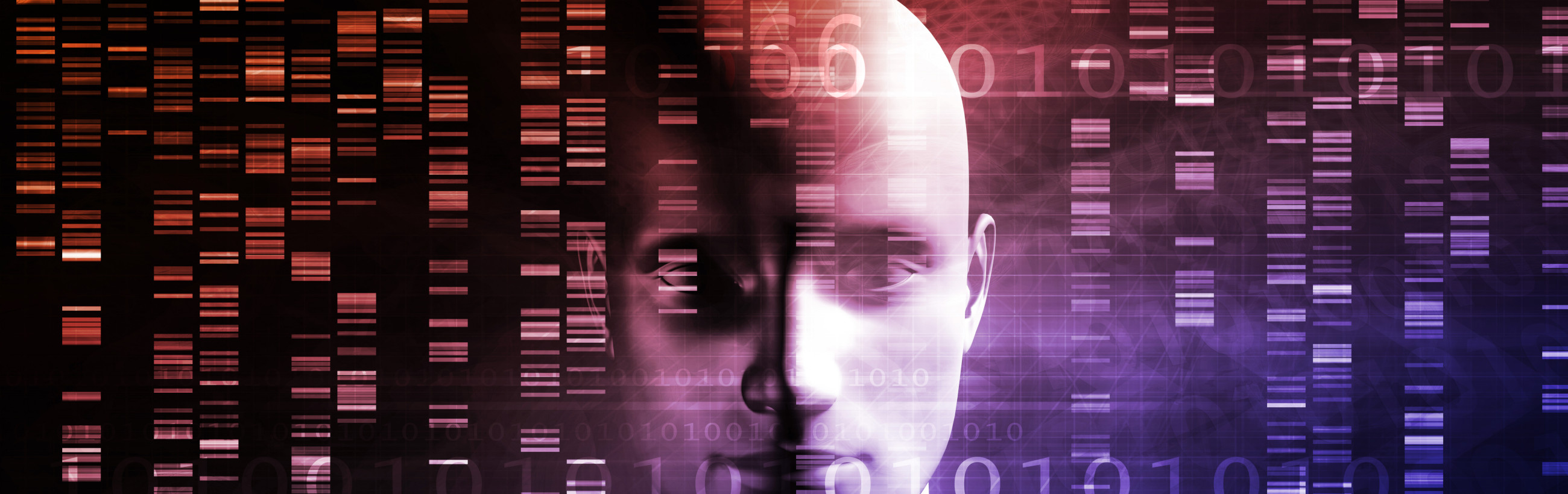 A conceptual image depicting a silhouetted profile of a person's head overlaid with a digital mosaic and binary code, set against a cosmic backdrop in shades of deep purple and radiant magenta, suggesting themes of digital information within a vast celestial expanse.