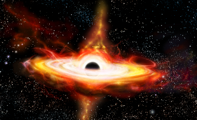 A digital representation of a celestial event featuring a black hole at the center with swirling masses of bright, fiery gases and cosmic dust illuminated against a star-filled night sky.