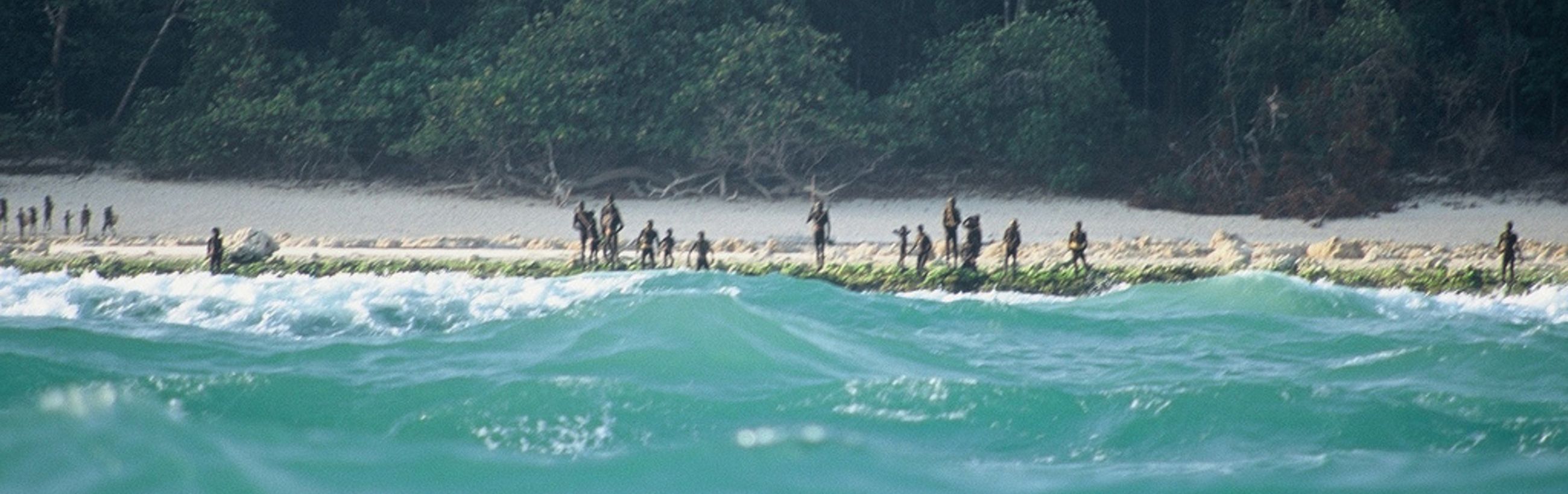 A panoramic view of a rugged coastline with a group of people standing and walking along a narrow strip of land bordered by lush forest and turbulent sea waves.