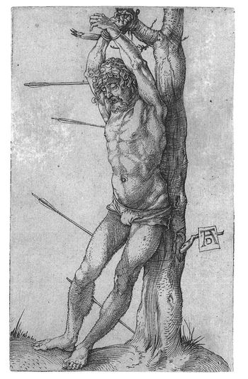 Black and white engraving of a man tied to a tree, pierced by several arrows, symbolically representing one of the Mazzaroth constellations linked with resilience and sacrifice.