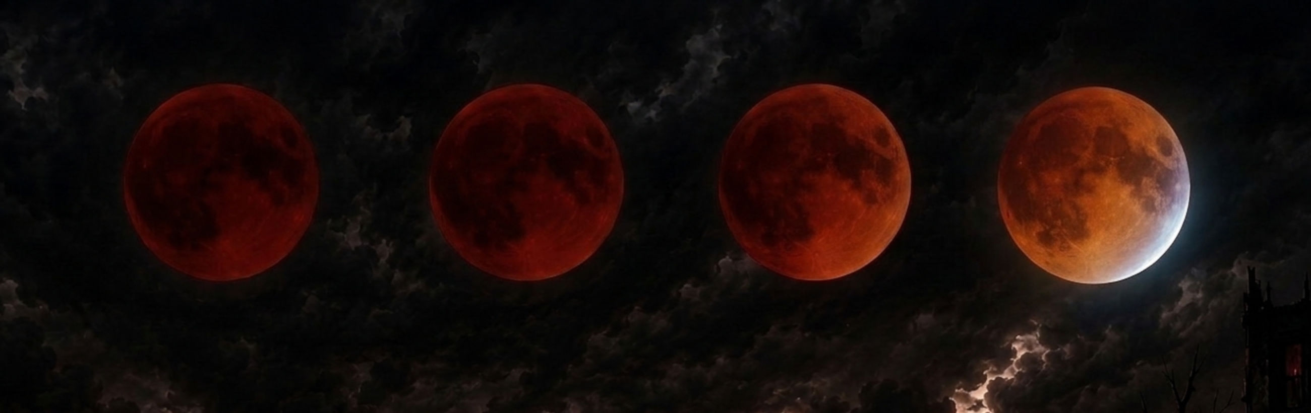 A series of four lunar phases depicted as red moons against a dark, cloudy night sky. The first three moons are fully red, while the fourth moon shows a partial illumination with a subtle orange hue on one side, suggesting a transition from a total to a partial lunar eclipse.