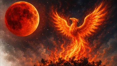 Eine farbenpr&auml;chtige Darstellung eines mythischen Vogels, der einem Ph&ouml;nix &auml;hnelt und sich aus den Flammen einer in Orange- und Gelbt&ouml;nen erstrahlenden Felswand erhebt. Im Hintergrund erhellt ein gro&szlig;er roter Mond den sternen&uuml;bers&auml;ten Nachthimmel.