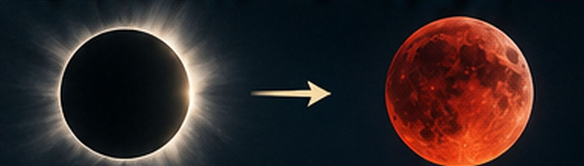 Ein visueller &Uuml;bergang zeigt das Ph&auml;nomen einer Sonnenfinsternis auf der linken Seite, dargestellt als dunkler Kreis mit leuchtendem Halo, der sich nach rechts bewegt, wo ein Blutmond mit r&ouml;tlichem Schimmer erscheint.