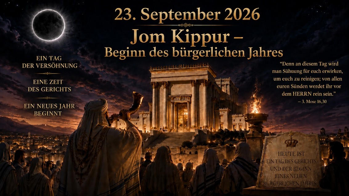 Eine k&uuml;nstlerische Darstellung des Jom Kippur, dem j&uuml;dischen Feiertag, der den Beginn des neuen b&uuml;rgerlichen Jahres markiert. Im Vordergrund stehen Menschen in traditionellen Gew&auml;ndern, w&auml;hrend sie auf ein pr&auml;chtiges Geb&auml;ude blicken, das den Tempel darstellt. Der Himmel ist dunkel mit einem nebligen Mond. Text in Goldschrift informiert &uuml;ber das Datum und den Feiertag.
