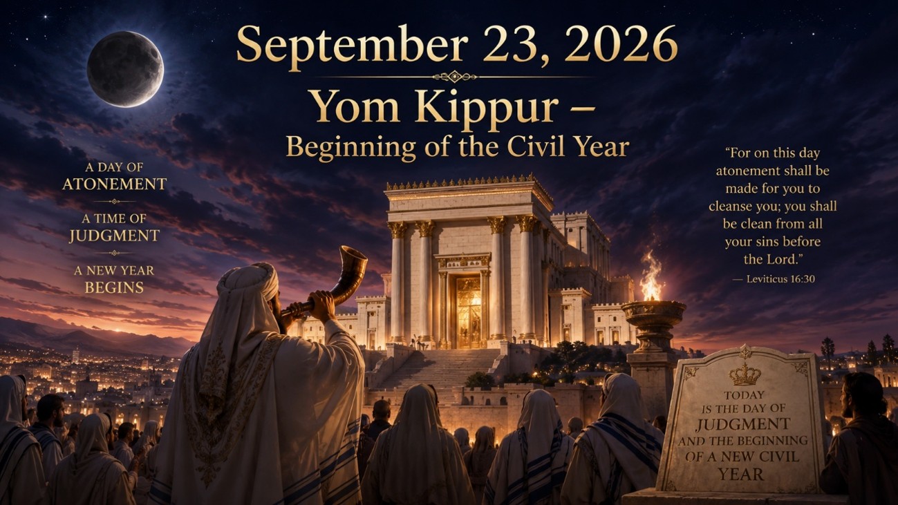 A visually striking scene depicting a gathering of people in traditional attire, standing before a grand temple illuminated by evening light. A figure is blowing a shofar, and text overlays highlight the date, &ldquo;September 23, 2026,&rdquo; and the significance of the day, referring to it as Yom Kippur and the beginning of the civil year. A quote from Leviticus 16:30 is also displayed, emphasizing themes of atonement and cleansing.