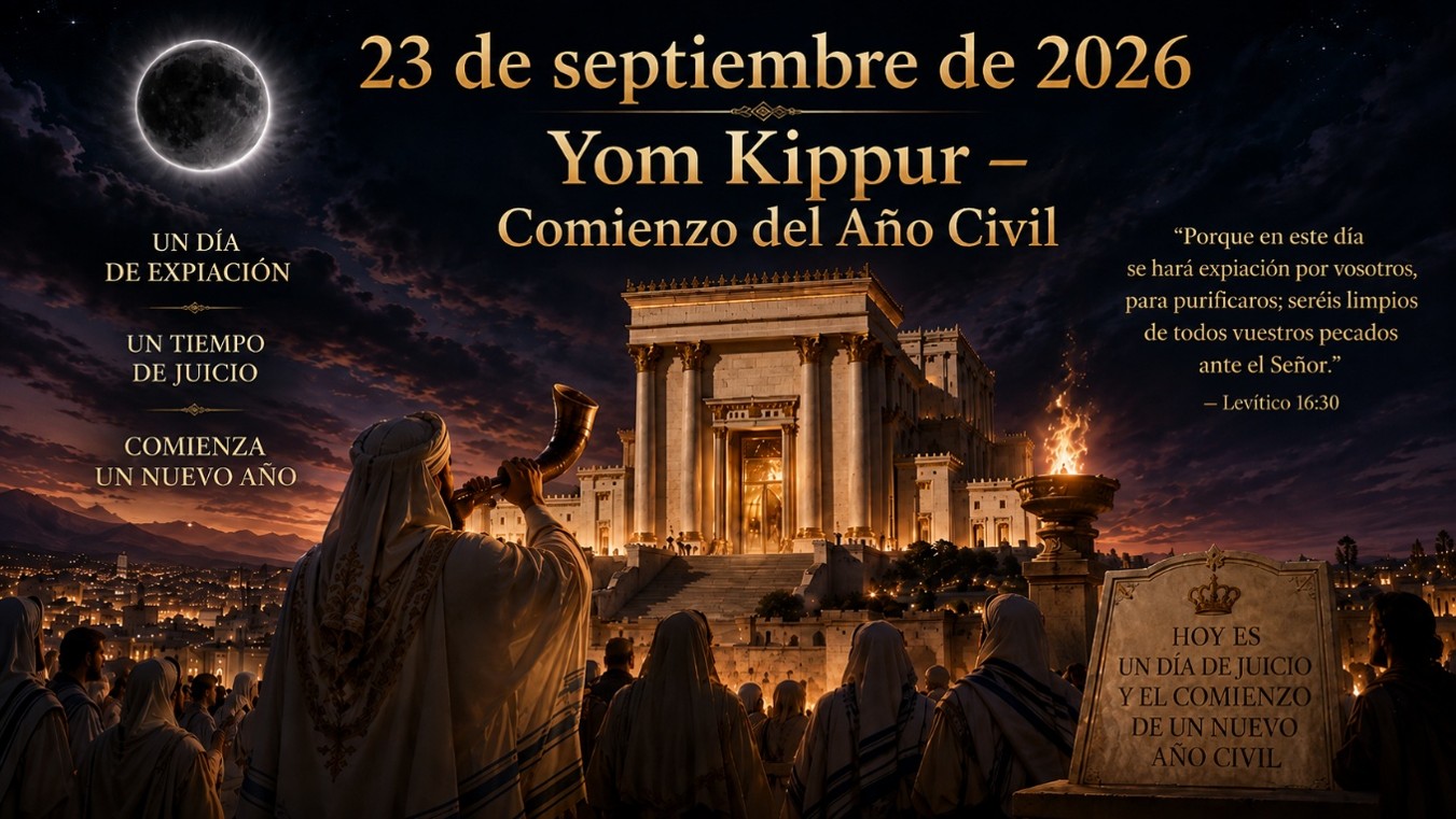 Imagen que representa el d&iacute;a de Yom Kipur, con un templo brillante al fondo y un grupo de personas vestidas con t&uacute;nicas tradicionales en primer plano. Se muestra un cielo crepuscular con una luna nueva. Texto en la parte superior describe la fecha y el significado del d&iacute;a. Un verso b&iacute;blico de Lev&iacute;tico est&aacute; incluido en la parte derecha.